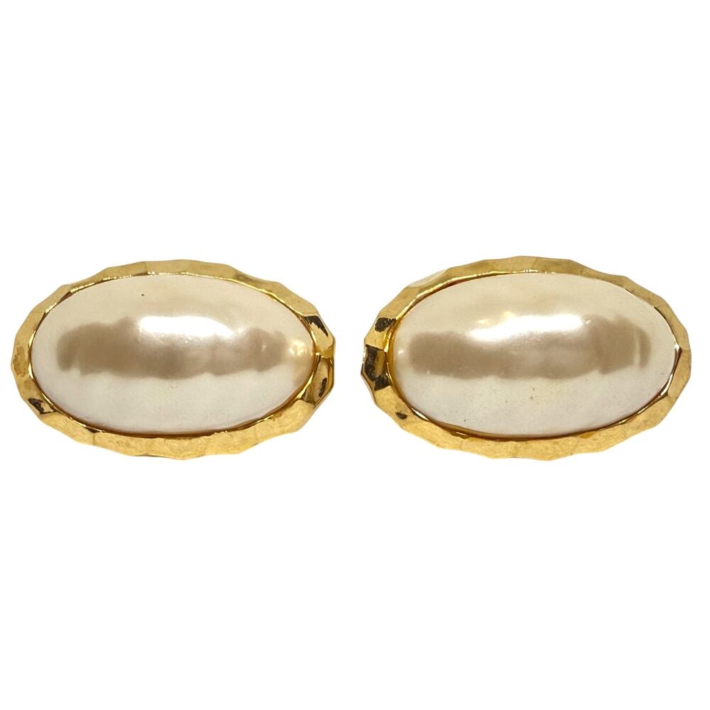 Gold Tone Oval Clip-On Earrings Faux Pearl Textured Trim 1980s Vintage